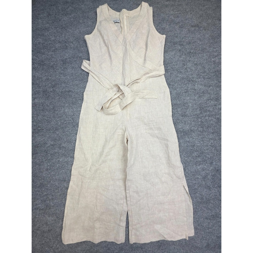 Salma Jumper Jumpsuit Women's Small Beige 100% Linen Sleeveless Belted